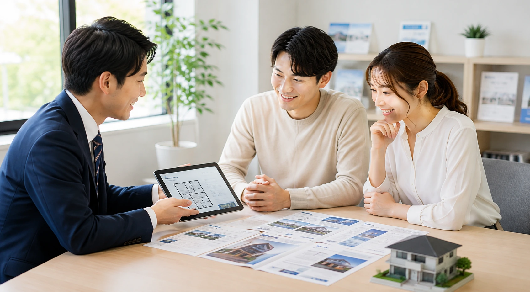不動産会社で物件資料や住宅ローンについて相談する様子